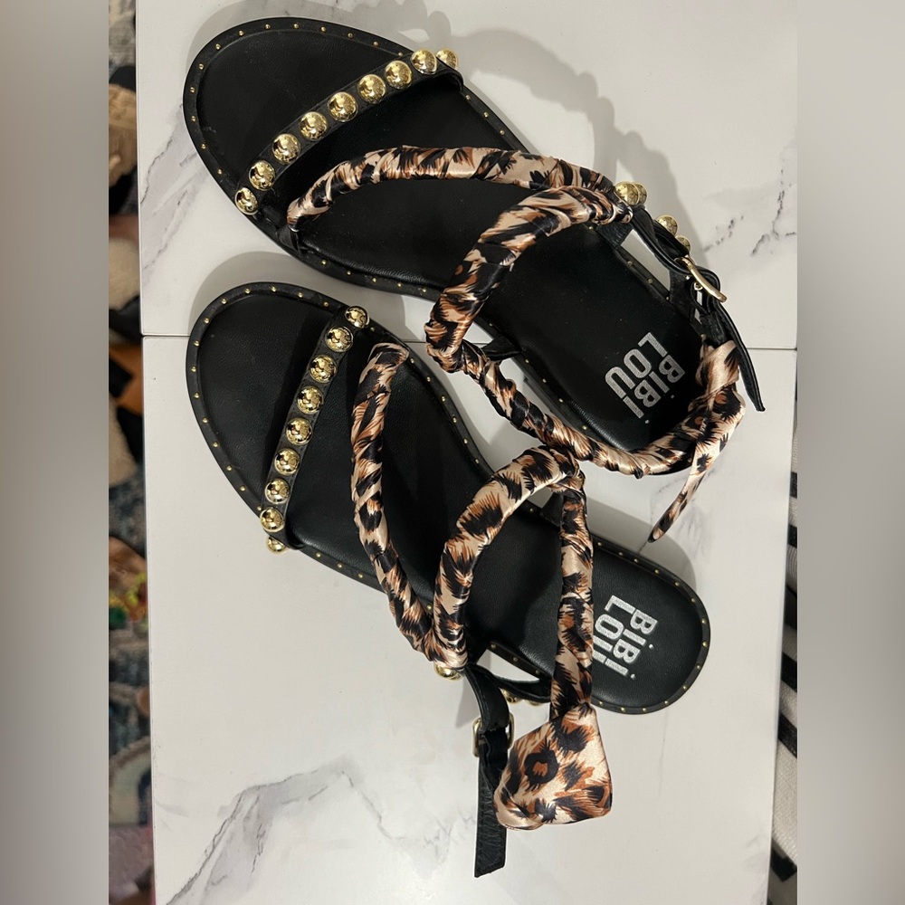 Bibi Lou sandal w/ black gold studded leather & leopard print satin Size 37